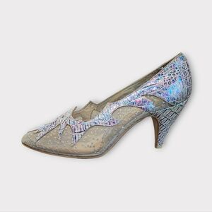 El Vaquero Vintage Iridescent Croc Embossed & Metallic Embroidered Mesh Heels